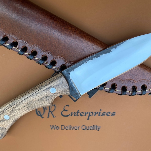 10" Custom Made Fixed Blade Bushcraft knife, Survival, Hunting, Camping, EDC, Outdoor, Full Tang Oak Wood Handle Knife With Sheath. QR-A109