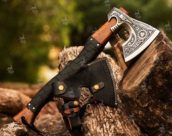 Forged Carbon Steel Viking Axe with Rose Wood Shaft, Camping Axe, Gift For Him.