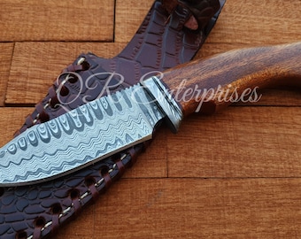 Handmade Damascus Hunting Knife, Bushcraft Camping Knife, Mahogany Handle, Leather Sheath