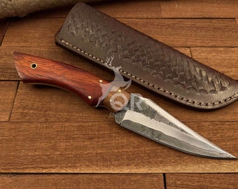 Bushcraft Knife, Hand Forged Custom Sanmai Steel Hunting Knife Wood Handle with Leather Sheath