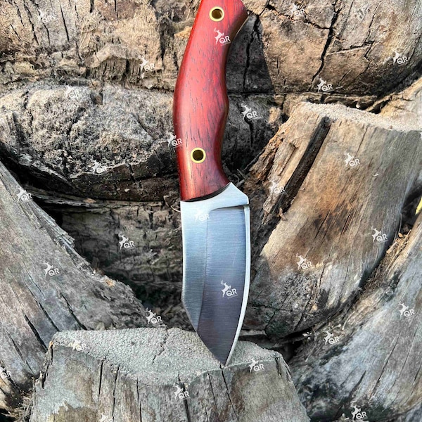 Cuchillo desollador de hoja fija de acero D2, bolsillo, Bushcraft, supervivencia, camping, cuchillo EDC, mango de madera con funda de cuero. QR-D3