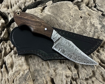 Handmade Damascus Hunting Knife, Pocket Skinner Camping Knife, Rose Wood Handle With Sheath