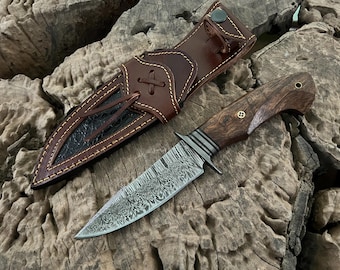 Handmade Damascus Hunting Knife, Bowie Bushcraft Survival Knife, Walnut Wood Handle With Sheath