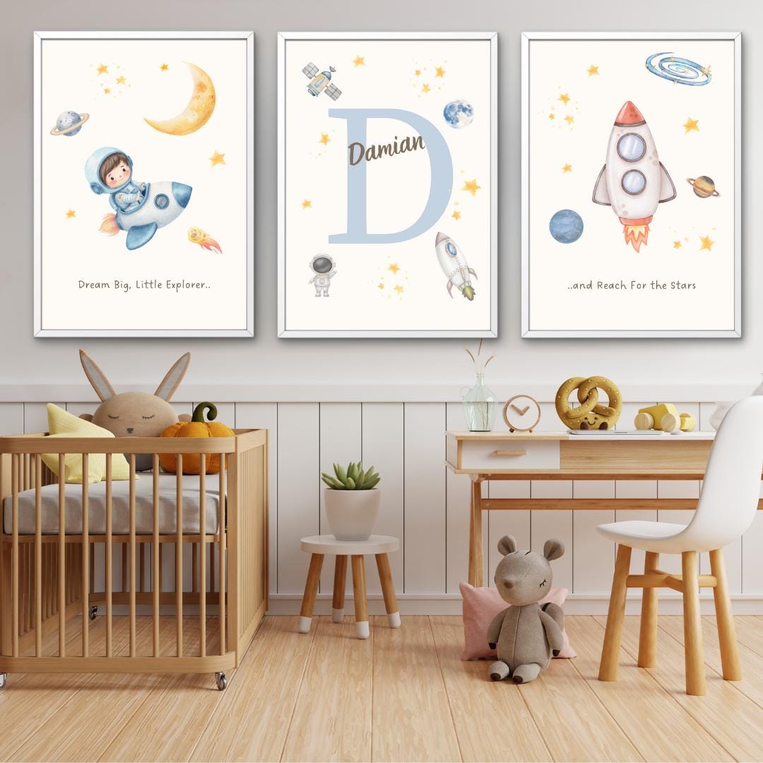 Personalized Space Nursery Wall Art Set | Custom Name | Astronaut ...