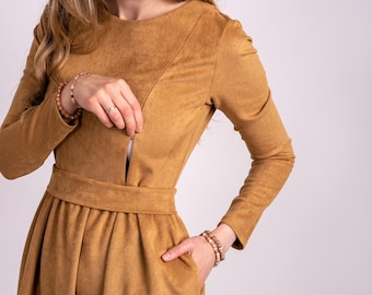 Brown Nursing Maternity Dress With Pockets, Long Sleeve Midi Dress, Breastfeeding  Dress, Baby Shower Dress, Modest Everyday Dress - Etsy