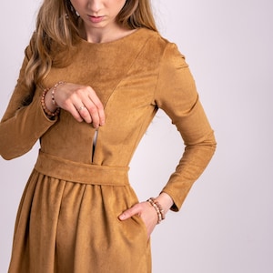 fall nursing dress Belted Nursing Midi with Pockets- Beige Floral