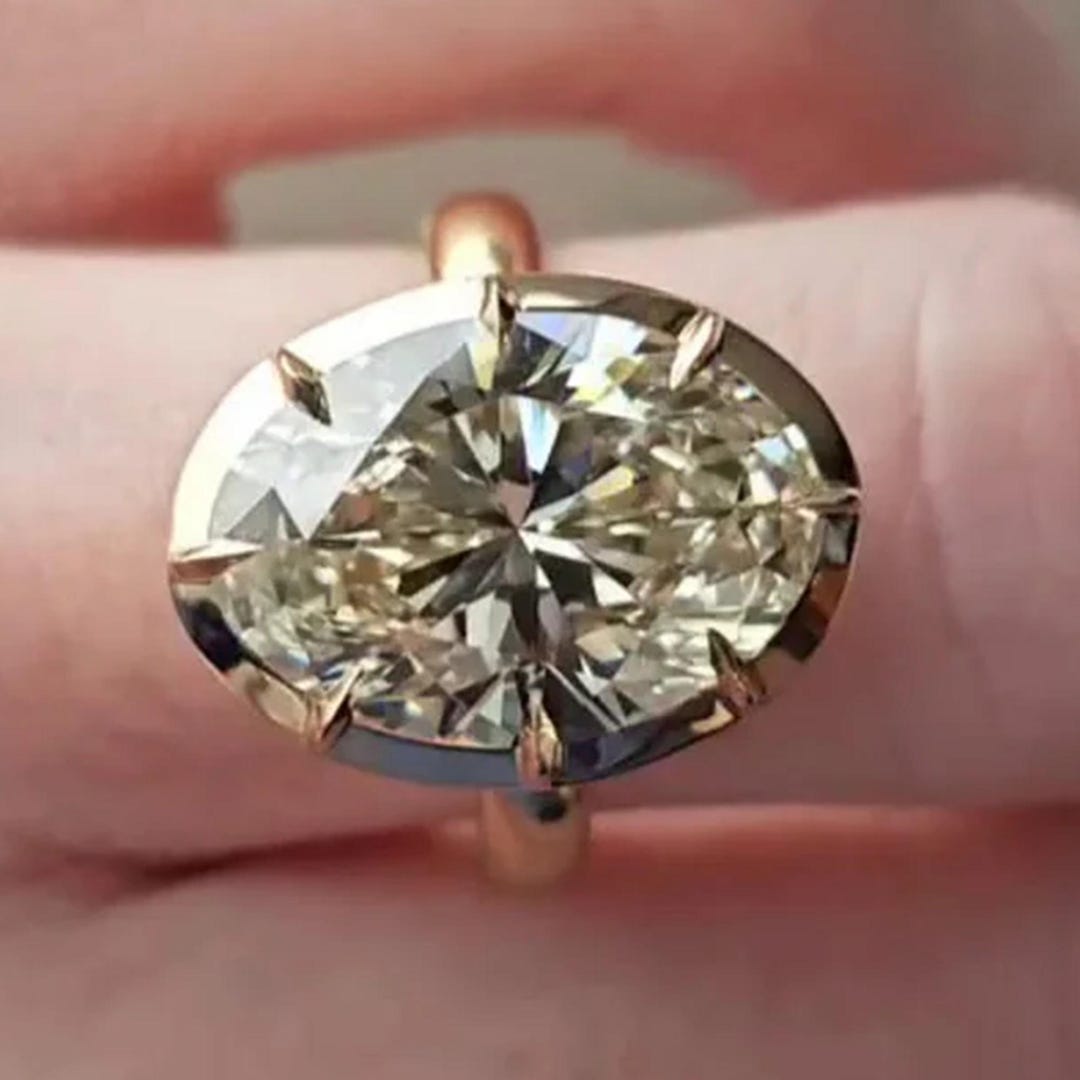 4 Ct Oval Moissanite Engagement Ring: Solid Gold Bezel Set Bridal Ring ...