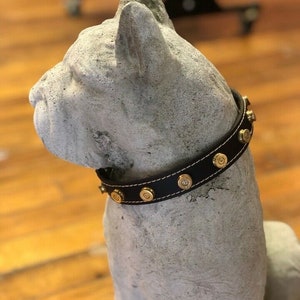 May include: A gray concrete dog statue wearing a black leather collar with gold bullet casings. The collar has white stitching.