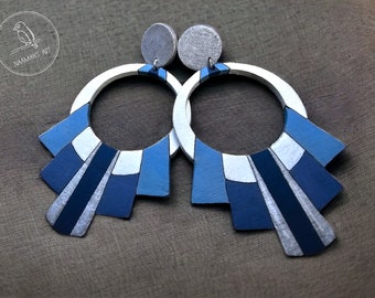 Handbemalte Ohrringe aus Holz, handbemalt, Statement Ohrringe, Boho Schmuck, Hippie Schmuck - geometrische Ohrringe