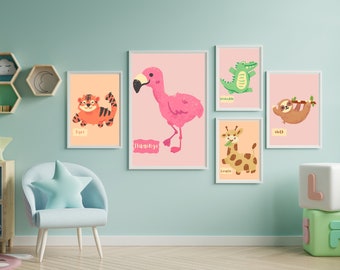 Set of 6, Animal print for nursery, giraffe print nursery, flamingo printable, safari nursery decor, colorful nursery art, DIGITAL DOWNLOAD