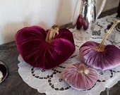 Trio of decorative silk velvet pumpkins handmade with natural tails, decorative buttons.