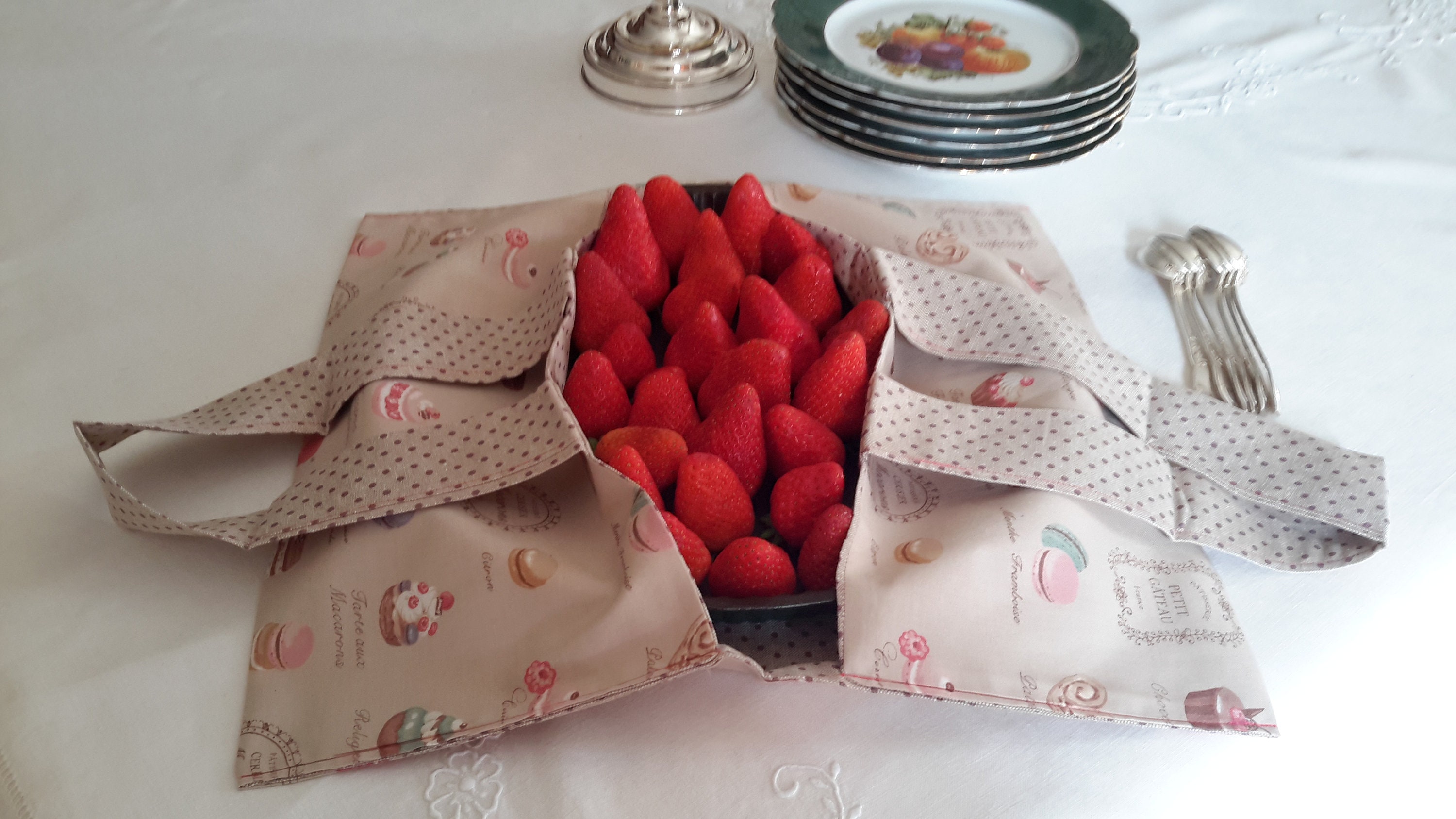 Sac à Tarte en Coton Yuwa Pâtisseries L'extérieur et Beige Pois Parmes L'intérieur