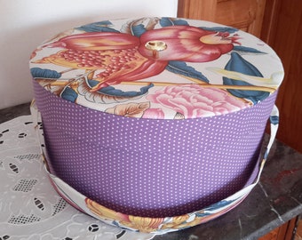 Decorative storage box for hats, Hermes scarves, lingerie, knitting sewing equipment covered with P. Frey fabric, purple cotton with polka dots