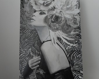 Tableau d'une femme en noir et blanc, tableau acrylique, toile intissée, décoration murale, tableau contemporain, tableau de femme.