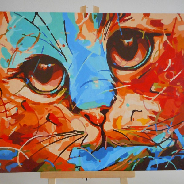 Tableau d'un chat multicolore, tableau acrylique, chat style abstrait, toile de lin, chat, décoration murale, tableau chat, chambre d'enfant