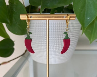 Red chili pepper earrings, polymer clay earrings, food earrings