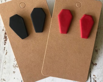 Black coffin stud earrings, black gothic vampire earrings, polymer clay Halloween earrings