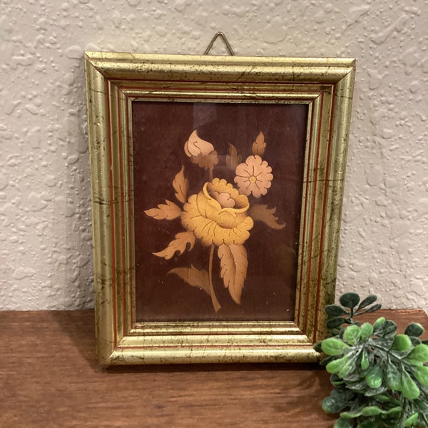 Vintage Marquetry Inlaid Framed Flower Picture