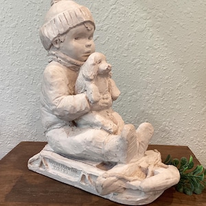 Vintage Austin Productions Bright Eyes Boy Dog and Sled Sculpture 1987