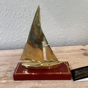 Vintage Brass Sailboat on a Wooden Base