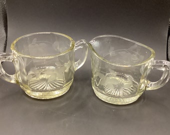 Vintage Heavy Etched Glass Sugar Bowl and Creamer Set