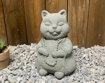 Cat Buddha concrete statue, meditating cat garden decor