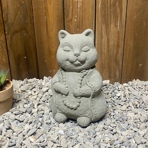Cat Buddha concrete statue, meditating cat garden decor