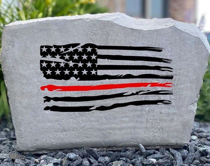 Fire department tattered flag Custom engraved stone- custom engraved house rock- home and garden decor 17”x11”