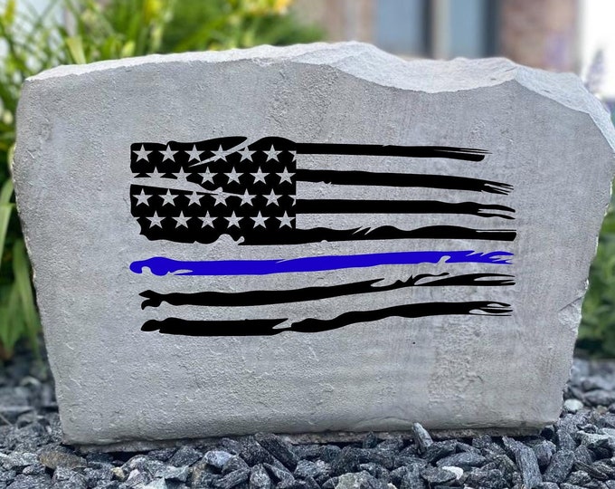 Police flag Custom engraved stone- custom engraved house rock- home and garden decor 17”x11”