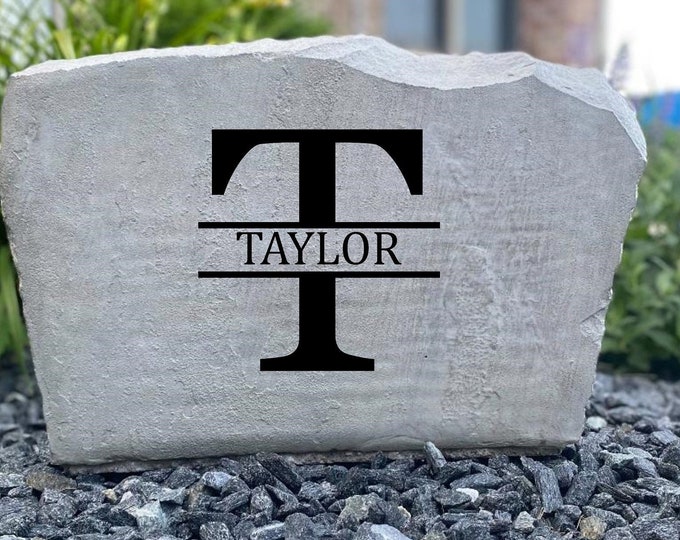 T Monogram stone, Name and Address sign- Custom engraved Address stone- engraved house rock- home and garden decor address sign 17”x11”