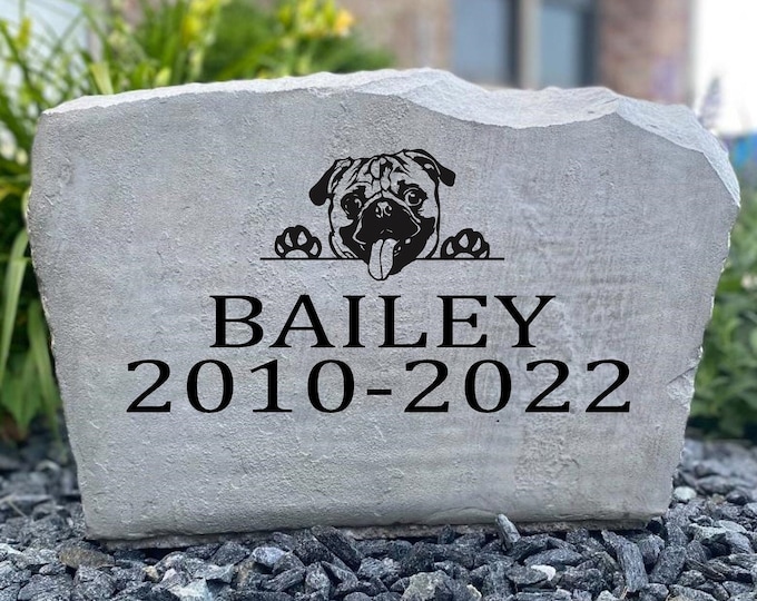 Pug dog pet memorial stone - custom engraved - home and garden decor 17”x11”