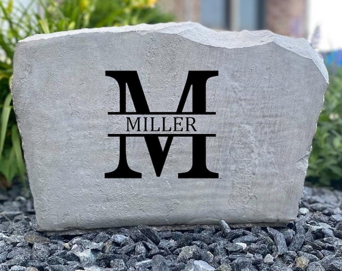 M Monogram stone, Name and Address sign- Custom engraved Address stone- engraved house rock- home and garden decor address sign 17”x11”