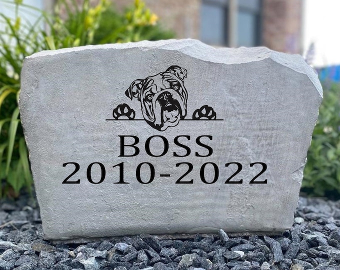 English bulldog pet memorial stone - custom engraved - home and garden decor 17”x11”
