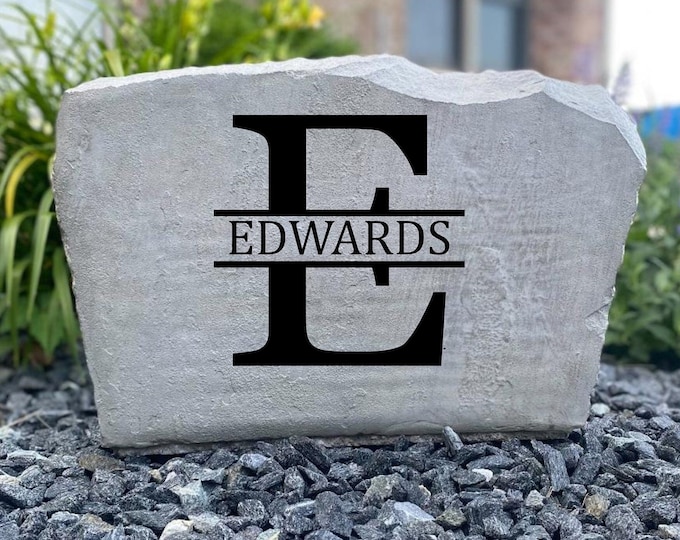 E Monogram stone, Name and Address sign- Custom engraved Address stone- engraved house rock- home and garden decor address sign 17”x11”