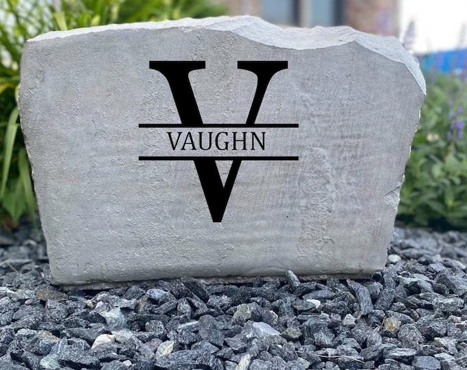 V Monogram stone, Name and Address sign- Custom engraved Address stone- engraved house rock- home and garden decor address sign 17”x11”