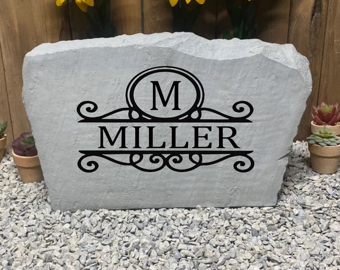 Monogram name stone - Address rock- Custom engraved Address stone- custom engraved house rock- home and garden decor 17”x11”