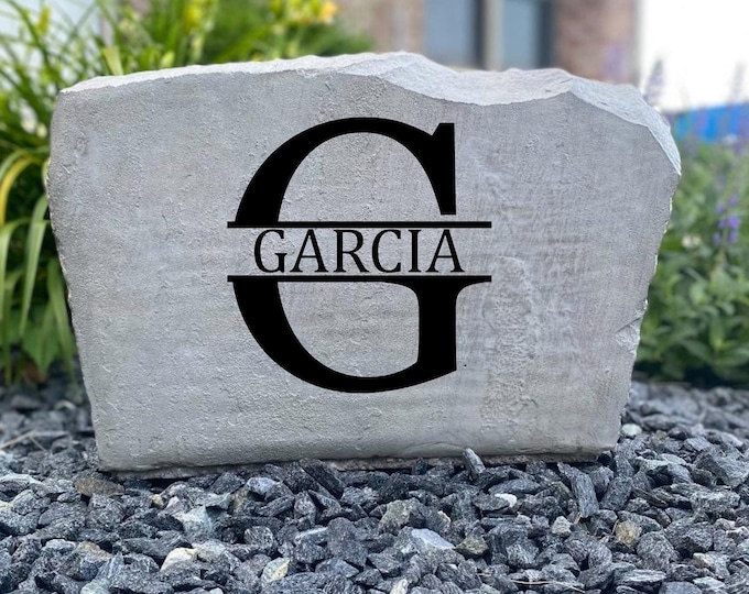 G Monogram stone, Name and Address sign- Custom engraved Address stone- engraved house rock- home and garden decor address sign 17”x11”