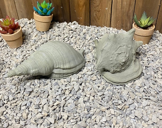 2 seashells concrete statue, conch and spiral shell, indoor/ outdoor home decor