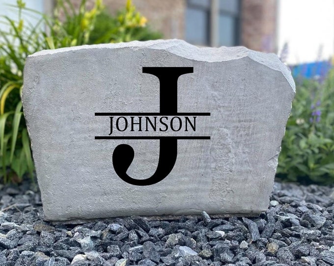 J Monogram stone, Name and Address sign- Custom engraved Address stone- engraved house rock- home and garden decor address sign 17”x11”