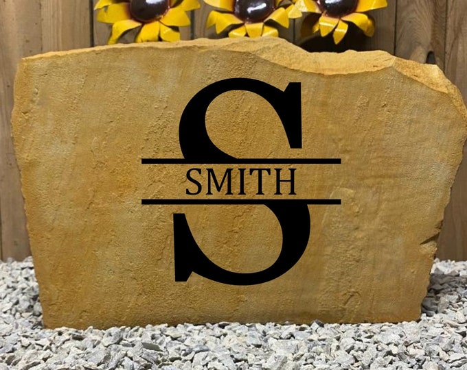 S Monogram stone, Name and Address sign- Custom engraved Address stone- engraved house rock- home and garden decor address sign 17”x11”
