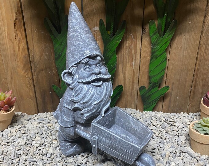 Gnome pushing wheelbarrow concrete statue indoor/ outdoor home and garden decor