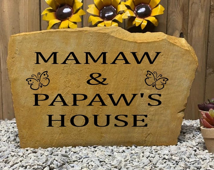 Mamaw & Papaw's house stone- Name and Address sign- Custom engraved Address stone- custom engraved house rock- home and garden decor 17”x11”