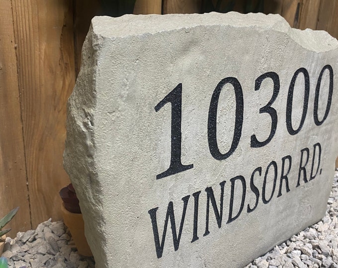 Custom concrete address sign-Custom engraved Address stone- custom engraved house rock- home and garden decor 17”x11”