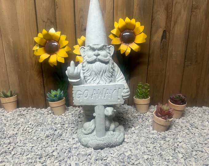 17” Go away gnome with middle finger concrete statue