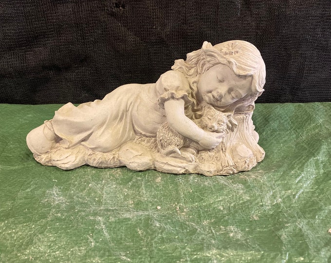 Laying girl with cat concrete statue garden decor