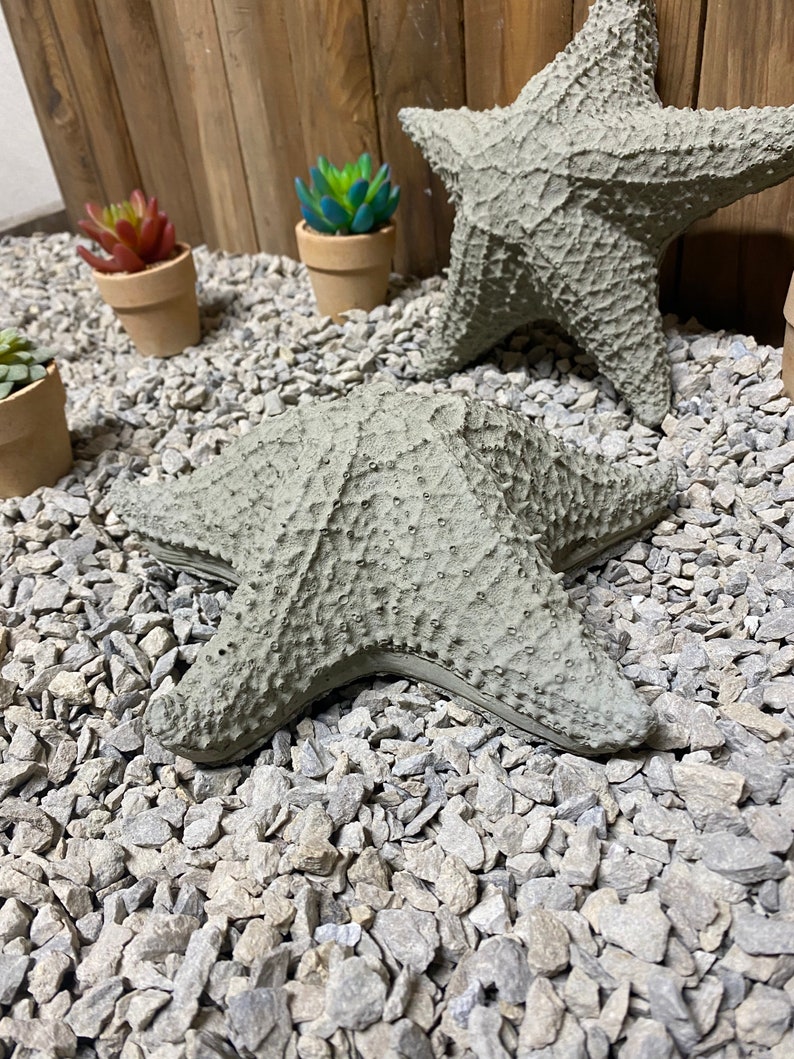 Puede incluir: Dos estrellas de mar grises sobre un lecho de grava gris. Las estrellas de mar est&aacute;n hechas de un material rugoso y texturizado.