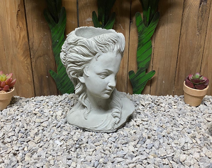 Lady head planter concrete statue indoor/ outdoor home and garden decor
