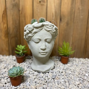 Medium women head planter concrete statue