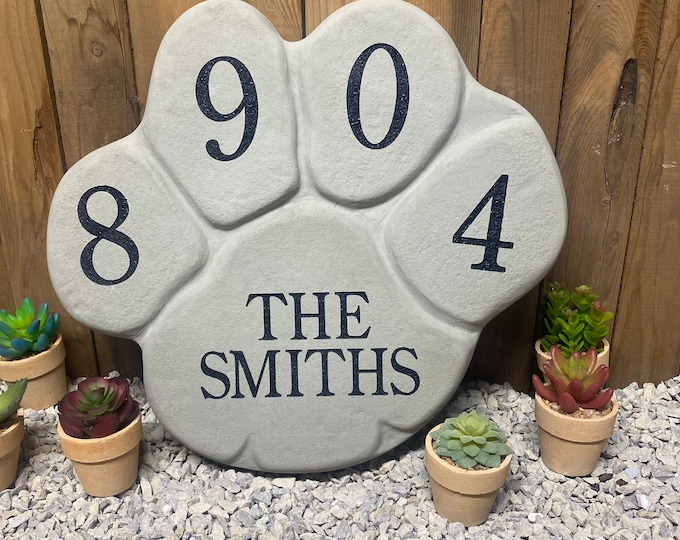 Paw print address stone, free shipping, custom concrete address stone, handmade