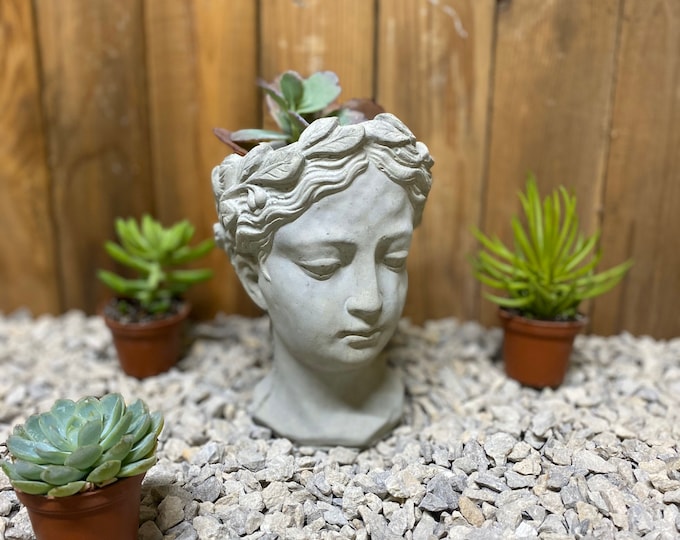 Small concrete lady head planter made in the USA